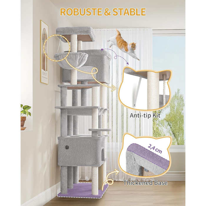 Котячий будиночок Hzuaneri XXL з 10 стовпчиками для дряпання, 2 печерами, 2 гамаками, великою платформою, щітками для котів, кошиком. Підходить для Maine Coon, великих котів, сірий колір MS20018LG