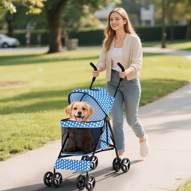 Візок для собак маленьких порід, 4,5-10 кг, візок для цуценят, візок для середніх собак, візок для котів, візок для 2 котів, з багажником, леопардовий принт (блакитний/у крапку)