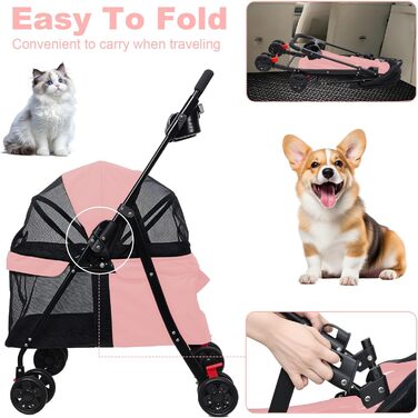 Kamulouk Візок для собак з 4 колесами, туристичний, для вигулу домашніх тварин, з тримачем для напоїв, універсальний для котів та собак, з дихаючою сіткою, для середніх та маленьких собак (Рожевий)