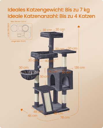 Ігровий комплекс для котів Feandrea Kratzbaum: 3 лежанки, будиночок-печера та кошик, висота 136 см, темно-сірий