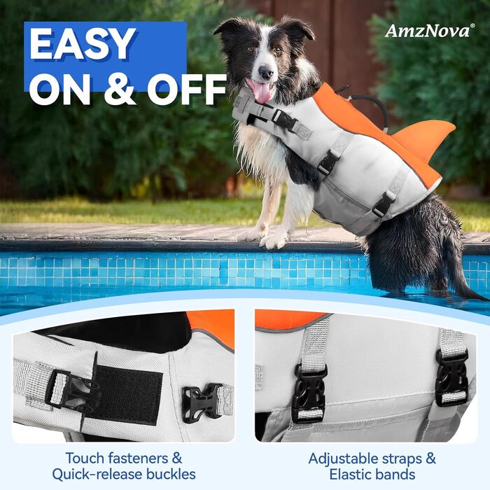 AMZNOVA Жилет для плавання собак Shark, жилет з ластами та плавником акули, рятувальний жилет для собак, для катання на човні, допомога у плаванні, легкий, L, (XL: 79-97 см (обхват грудей), яскраво-помаранчевий)