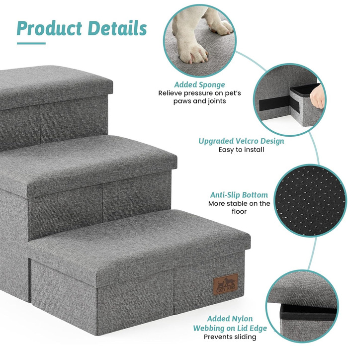 Сходинка для собак COZY KISS з місцем для зберігання, сіра, 43x72x42.5 см