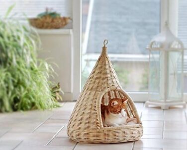Будиночок для котів з м'яким лежаком з ротангу, для котів та маленьких собак