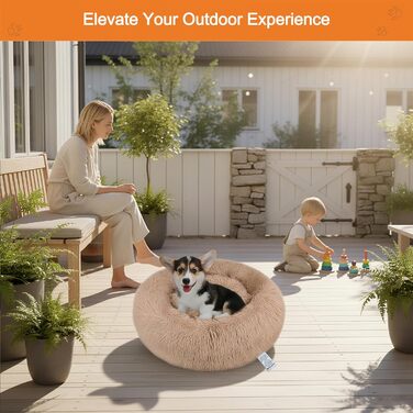 Кругле ліжко для собак та котів Donut, 50 см, бежеве/коричневе. М'яке, ортопедичне, з антиковзною основою, для заспокоєння та комфортного сну.