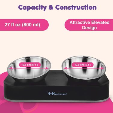 Набори годівниць для котів та собак з нержавіючої сталі Happinesque – підняті миски, антиковзаюча база, 2 шт. по 800 мл