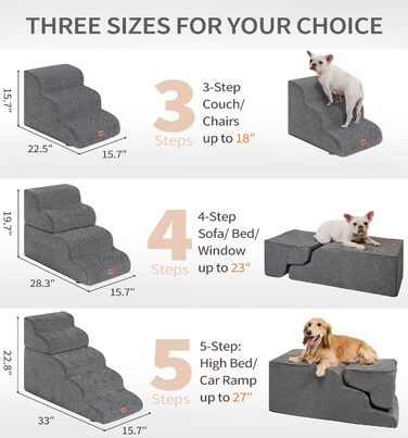 Сходи-рампа для собак Made4Pets, 4-ступінчасті, з 35D піни, для ліжка, дивана, килимка, для малих собак і котів, протиковзкі, сірі