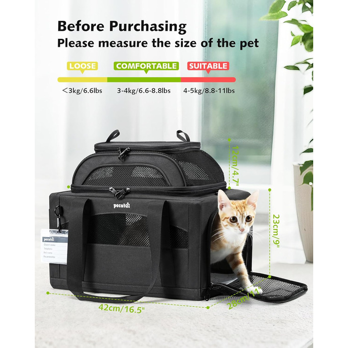 Транспортна сумка для котів Pecute - переноска для котів та маленьких собак, складана, легка, для подорожей, зелена (сіра)