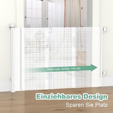 Захист для сходів з замком, розтяжний захист для дітей та собак, ширина 150 см, висота 83 см (140 см/білий, без свердління, автоматичний замок)