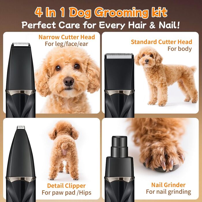 Набір для стрижки собак 4 в 1 Ninonly: тиха, акумуляторна машинка для собак та котів з 4 насадками для тіла, лап, очей та вух. Тример для лап. Чорний колір