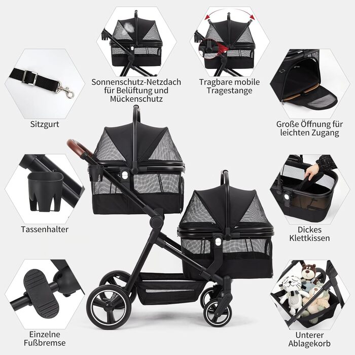 Складаний візок для собак та візок-буги для тварин до 15 кг, розкладний, з поводками безпеки, сітковими віконцями та місцем для зберігання, ідеальний для подорожей та прогулянок (Чорний, Подвійний)