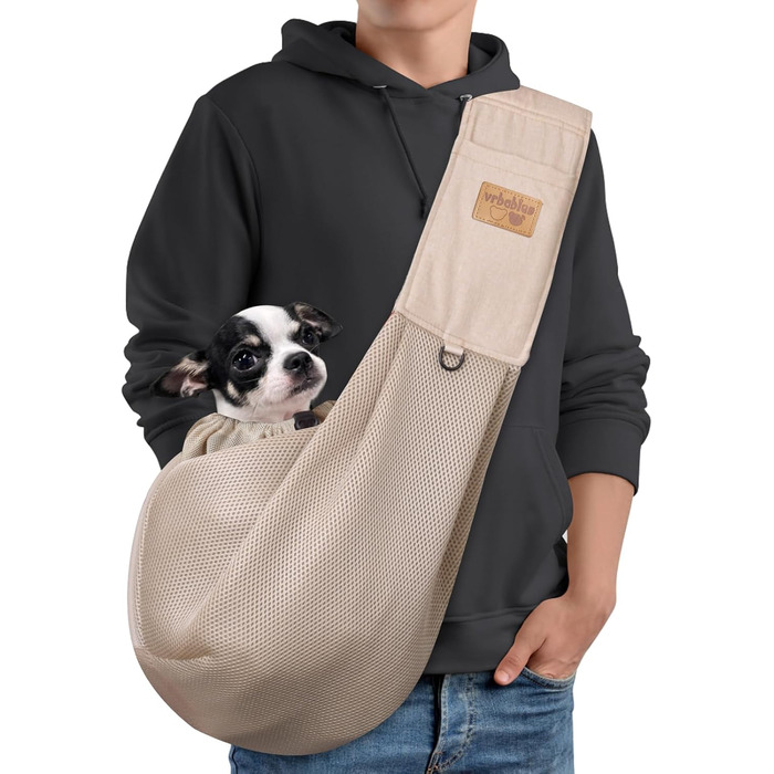 Сумка-переноска для собак з дихаючої сітки, регульований ремінь, сумка з кишенею, переноска для собак для подорожей на відкритому повітрі (Бежевий-L)