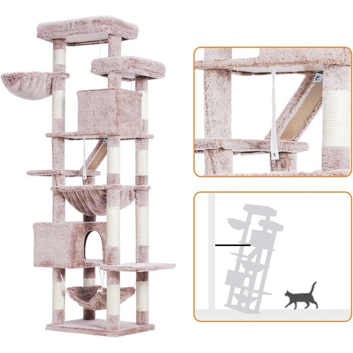 Кігтеточка-вежа для котів Heybly HCT034G, 180 см, коричнево-бежева: 2 платформи, 2 будиночки, гамак, кошик, когтешкреб
