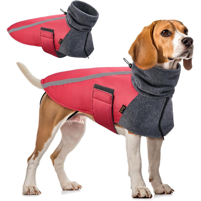 Зимовий теплий одяг для собак SlowTon: куртка з поларфлісу з коміром-шарфом, світловідбивачі, регульована, водонепроникна, вітронепроникна, для цуценят, м'яка, червона (M)