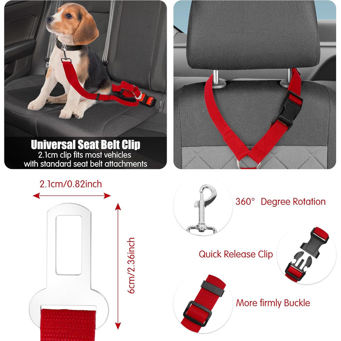 Автомобільний поводок-лямка для собак, котів та інших домашніх тварин. Поводок на голову, безпечний, міцний, червоний.