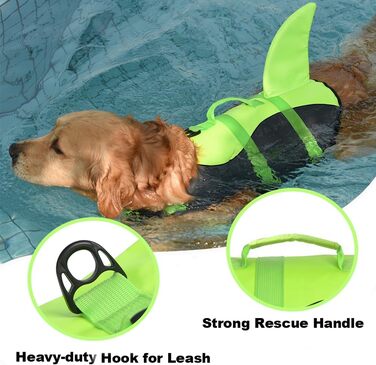 Жилет для плавання собак Doglay з принтом акули, середній розмір, зелений. Забезпечує плавучість та безпеку під час купання та відпочинку на воді.