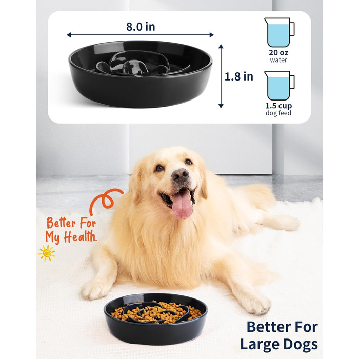 Керамічна миска для собак Slow Feeder, 2 чашки, рожево-чорна, для середніх порід, сприяє звичці повільного годування, 8 дюймів