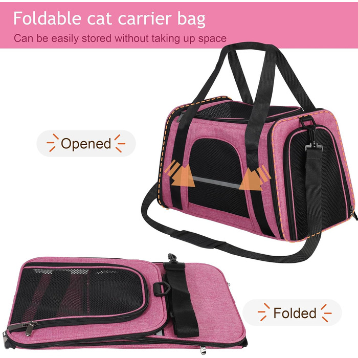 Транспортна сумка для котів HiCaptain, складана, з плечовим ременем, м'яко стьобана, переноска для маленьких собак/щенят до 7 кг (рожева), 46 x 29 x 30 см