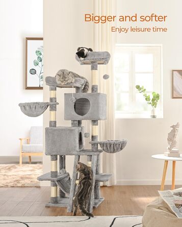 Котячий дряпак FourFurPets 160 см, з платформами, будиночками, кошиками, гамаком і іграшками, світло-сірий