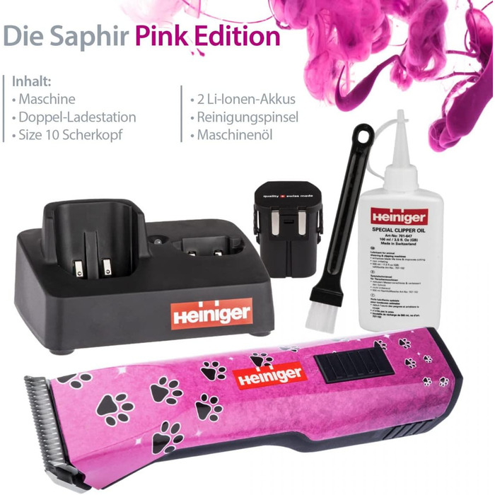Набір для стрижки собак EHASO HEINIGER Profi Saphir: акумуляторна машинка, насадки, миска для води (рожева)