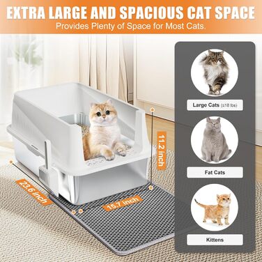 Квітковий горщик Erinaik для котів, нержавіюча сталь, з кришкою, XL, великий, для великих котів, металева, високі бортики (білий)