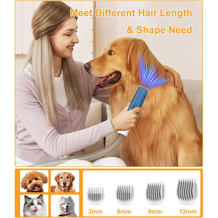 WHDPETS Машинка для стрижки собак зі збором шерсті, 2L контейнер для сміття, 45 dB, потужне всмоктування 9000 Pa, видаляє 99.99% шерсті, 4-в-1 для собак та котів