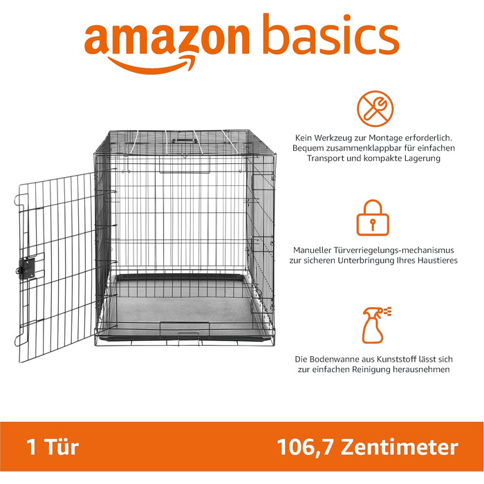 Клітка для собак Amazon Basics складана металева з піддоном, чорна, 107 x 71 x 76 см