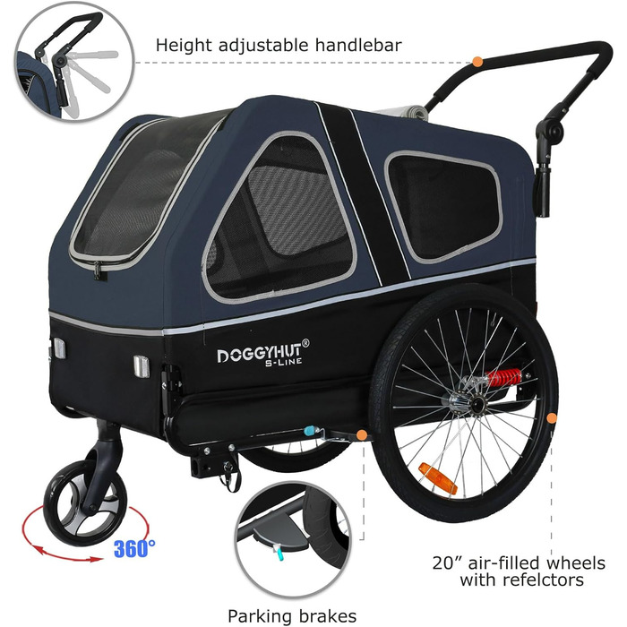 Doggyhut S-Line XL: велосипедно-колясочний візок для собак, 2 в 1, до 45 кг, блакитно-чорний