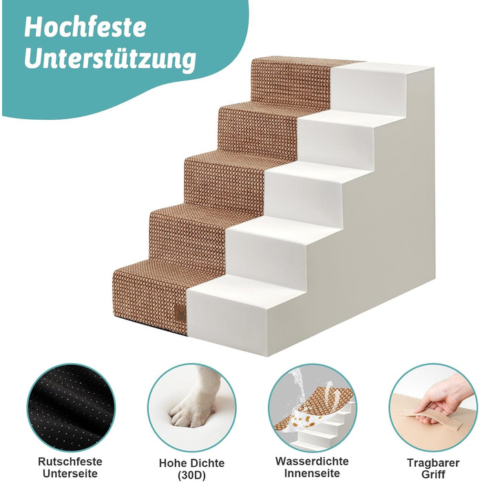 Сходинки для собак маленьких порід, 5 сходинок, 60 см, знімний чохол (світло-коричневий) 75x50x60 см