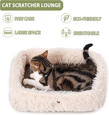 Котяче дряпальня з картону з коробкою для дряпання, міцне велике ліжко для котів, пухкі дряпальні дошки з гофрокартону, знімні, двосторонні, захист меблів (44×34×14см), Бежевий