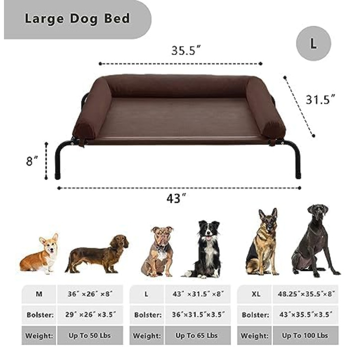 Охолоджуване собаче ліжко WESTERN HOME для великих собак, з піднятою конструкцією, для вулиці, з дихаючою сіткою, знімний чохол, розмір 109x80x20 см, коричневе