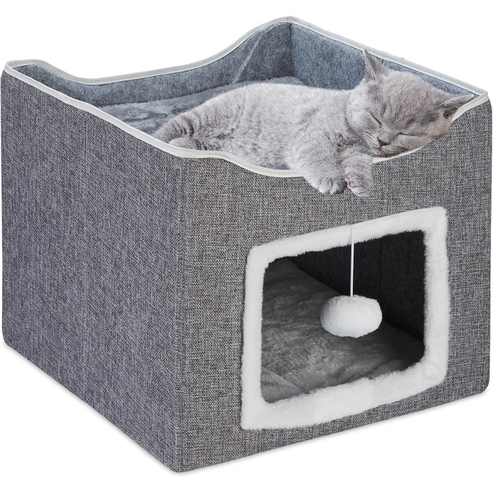 Будиночок для котів Relaxdays, 32x40x40 см, з іграшкою, кігтеточкою, 2 подушками, складаний, сірий