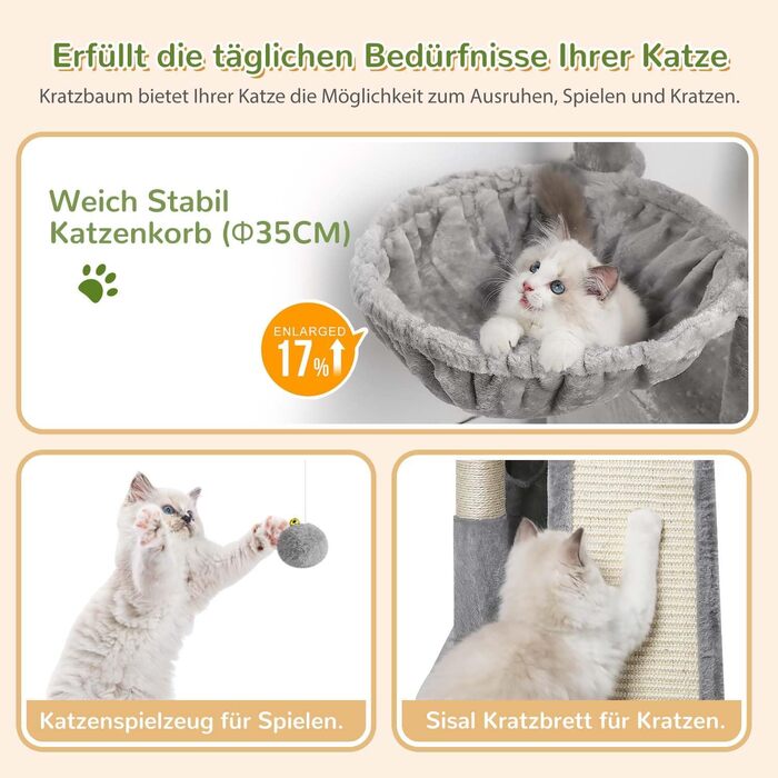 Дерево для котів Globlazer XL сірого кольору з великою печерою для 2-4 котів, когтеточкою з сизалю, м'яким кошиком та іграшками, висота 133 см