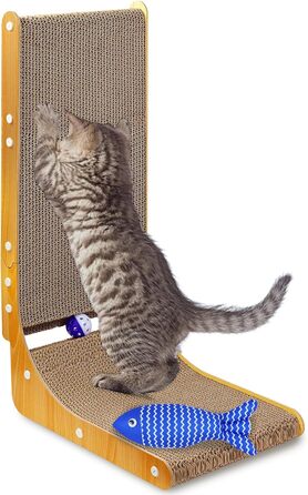 Котяча дряпка L-подібної форми, 68 см, з дзвіночком, рибкою та мишкою, з якісного картону, для стін, задовольняє природну потребу в дряпанні, XXL