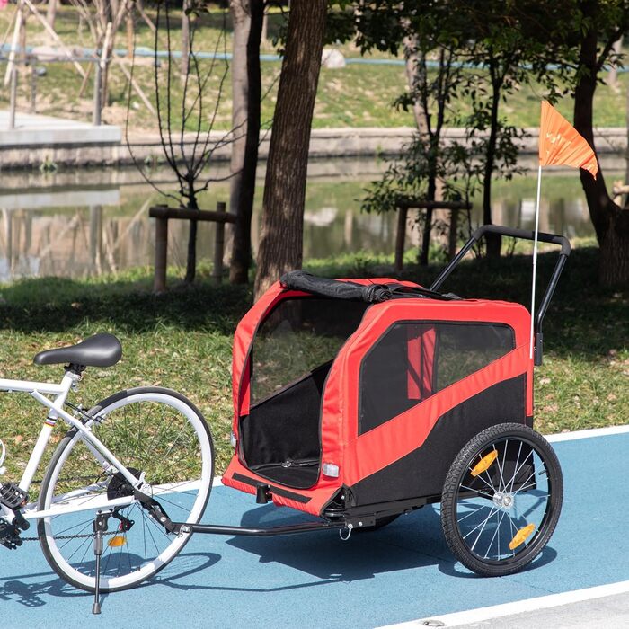 PawHut Причіп для собак 2-в-1, велосипедний причіп для собак, візок для собак з відбивачами, максимальне навантаження 30 кг, для великих собак, матеріал Оксфорд, червоний