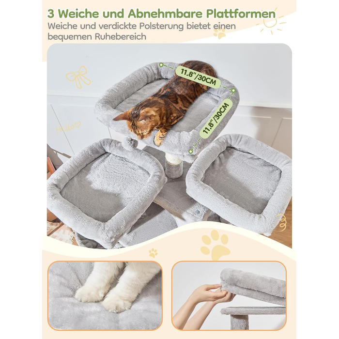 Кігтеточка Taoqimiao 193 см, велика, XXL, з будиночками, гамаком, кошиком та 7 стовпчиками для дряпання, MS047G, сірий колір