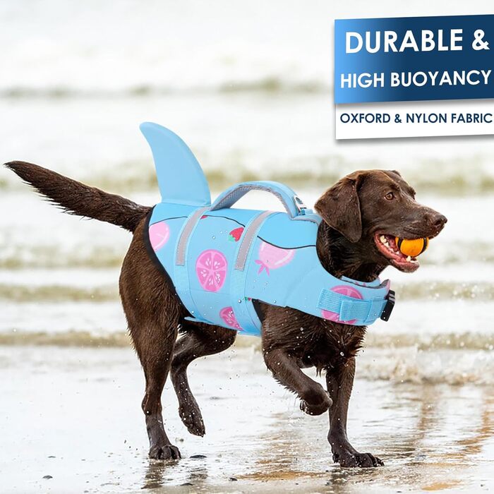 Жилет для плавання собак AOFITEE, модель 'Hai', великий розмір, з ручкою для порятунку та світловідбиваючими смугами, блакитний, для собак X-Large