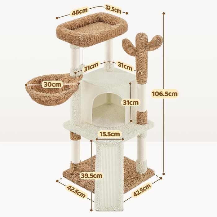 Дряпак для котів Yaheetech Kaktus, 106.5 см: стабільний, з оглядовою платформою та затишною печерею, оббитий сизалем, бежево-коричневий