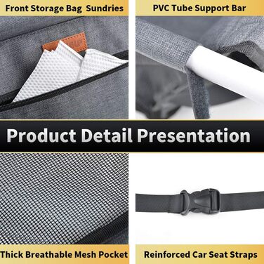 Автокрісло для собак - автокрісло для маленьких собак з ременем, водонепроникне, стабільне, для заднього та переднього сидіння, чорно-сірий (з PVC-трубою)