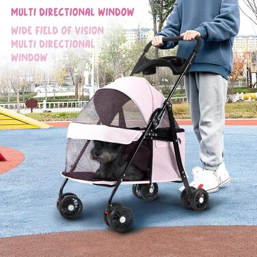 Дитяча коляска для домашніх тварин на 4 колесах для собак та котів, складана, з тримачем для напоїв, дихаючим сітковим вікном, портативна переноска для тварин (Рожева)