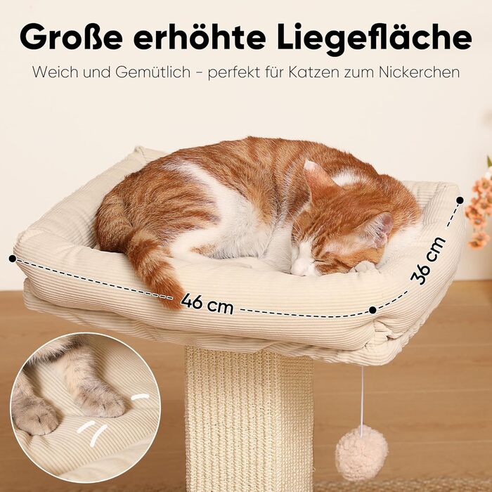 Котячий будиночок FUKUMARU з подряпуванням, 73 см, бежевий. Високий кігтетопор з платформою 46x36 см, з місцем для відпочинку, з натурального сизалю та масивного дерева.