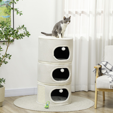 PawHut Scratching Barrel, висота 100 см Cat Barrel з 3 отворами, Cat Post з ігровими кулями, Cat Tower з Sisal, для котів до 6 кг, Бежевий+Кремово-білий | Аосом