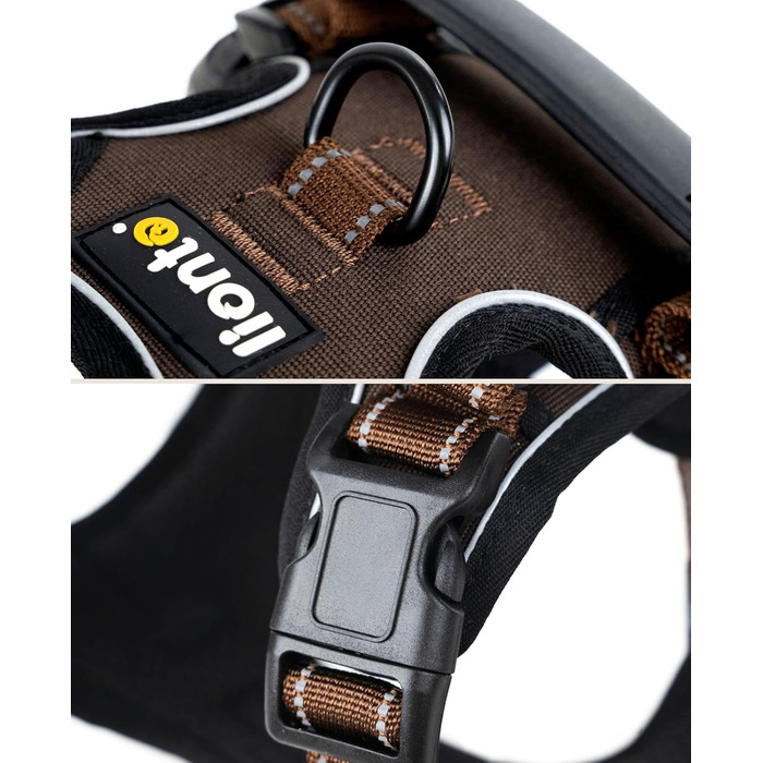 Шлейка для собак Ionto з відбиваючим матеріалом, м'яка, розмір M, коричнева, з двома кільцями та 4 ременями, з фіксаторами та гумовим ручним захопленням