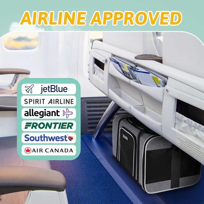 Переноска для котів і собак Petskd JetBlue Allegiant, м'яка, сіра, з безпековим замком, для тварин 0,5-3,6 кг, 43,6×3,6 см
