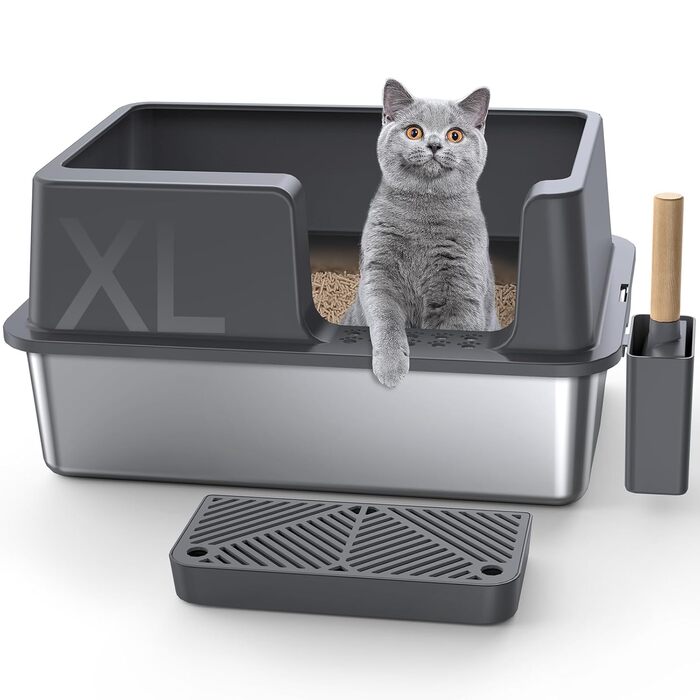 Кігтеточка Gimars XL для котів з металу – герметичний лоток для котів з нержавіючої сталі, миска без витоку, лопатка та килимок, підходить для великих, середніх та маленьких котів (темно-сірий з педалем)