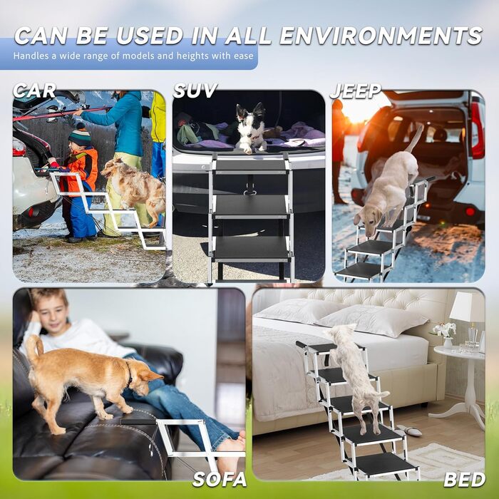 Східці для собак великих порід, 6 ступенів, складана рамка для авто, 109 см, антиковзне покриття, вантажопідйомність до 104 кг, підходить для SUV/вантажівки, чорний, для собак з обмеженими можливостями
