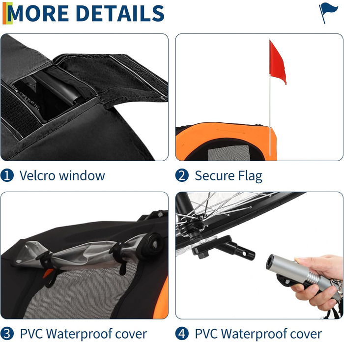 Причіп-коляска для собак до 40 кг - 88 lbs - міцна сталева рама, колеса 16 дюймів, нековзний підкладка, для активного відпочинку, помаранчевий