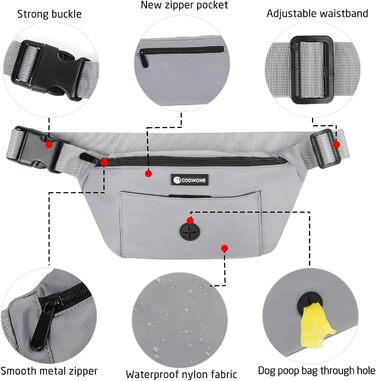 Сумка для собак з відділенням для ласощів та контейнером для відходів, поясна/животна сумка, сіра (нейлон), 12.2 x 12.2 x 5.71 см
