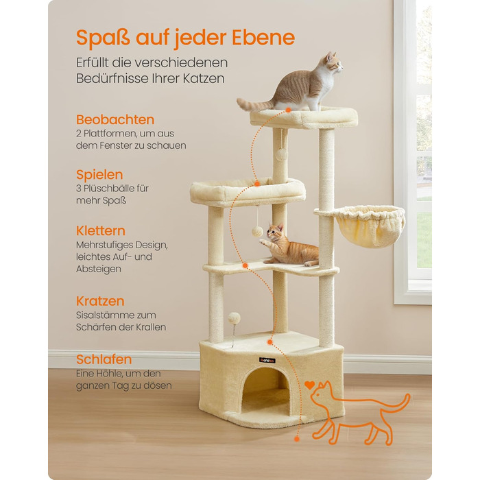 Дряпка для котів Feandrea, кігтеточка з великою затишною печерою, платформами, м'ячиками та лежанкою, 48,5 x 48,5 x 140,7 см, бежевий PCT009Y01
