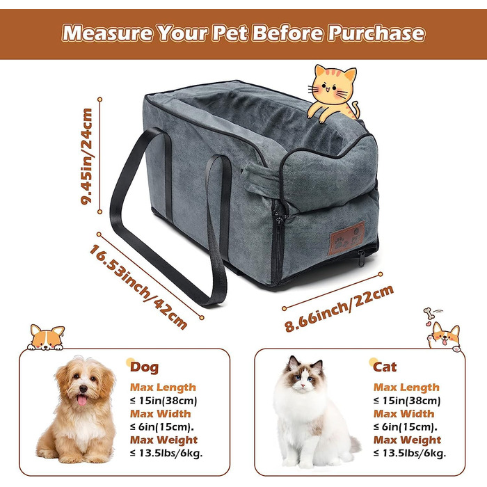 Автокрісло для собак та котів на середню консоль, стабільне, з ременем, знімний, миючий, для собак та котів до 6 кг (замша)