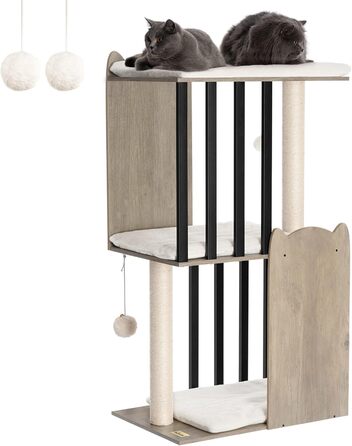Сучасний котячий дряпак FourFurPets, 111 см, 3 рівні, 2 стовпи з сизалю, 3 великі платформи, сірий беж